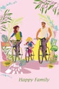 Happy family of father, mother and children outdoors amoung green nature and flowers. Riding the bicycles. Royalty Free Stock Photo